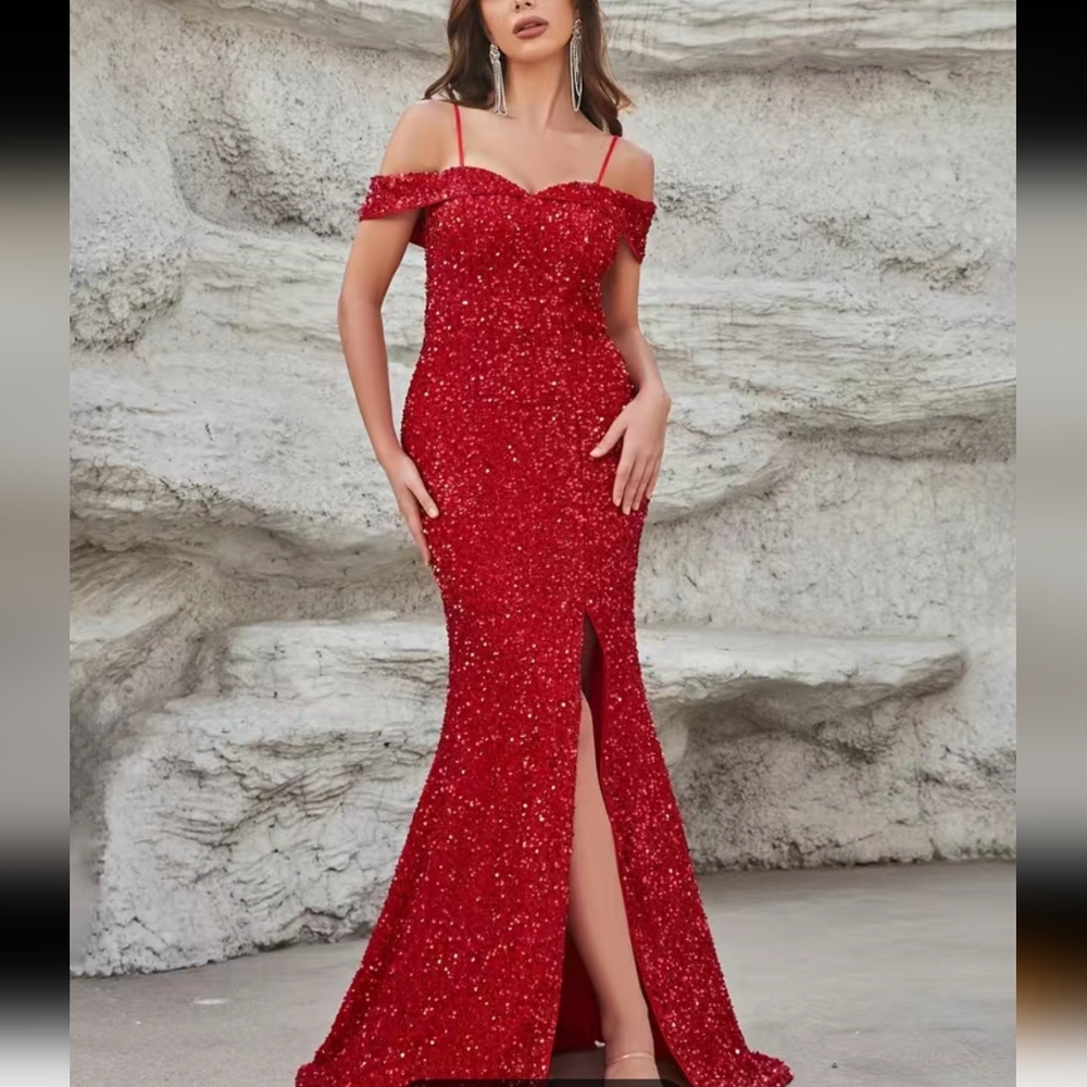Sequined Mermaid Cami Dress, Slit Hem Gown Dress For Cocktail Party medium